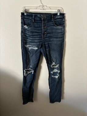 American Eagle Outfitters Dark Blue Distressed High-Rise Button-Fly Jeans